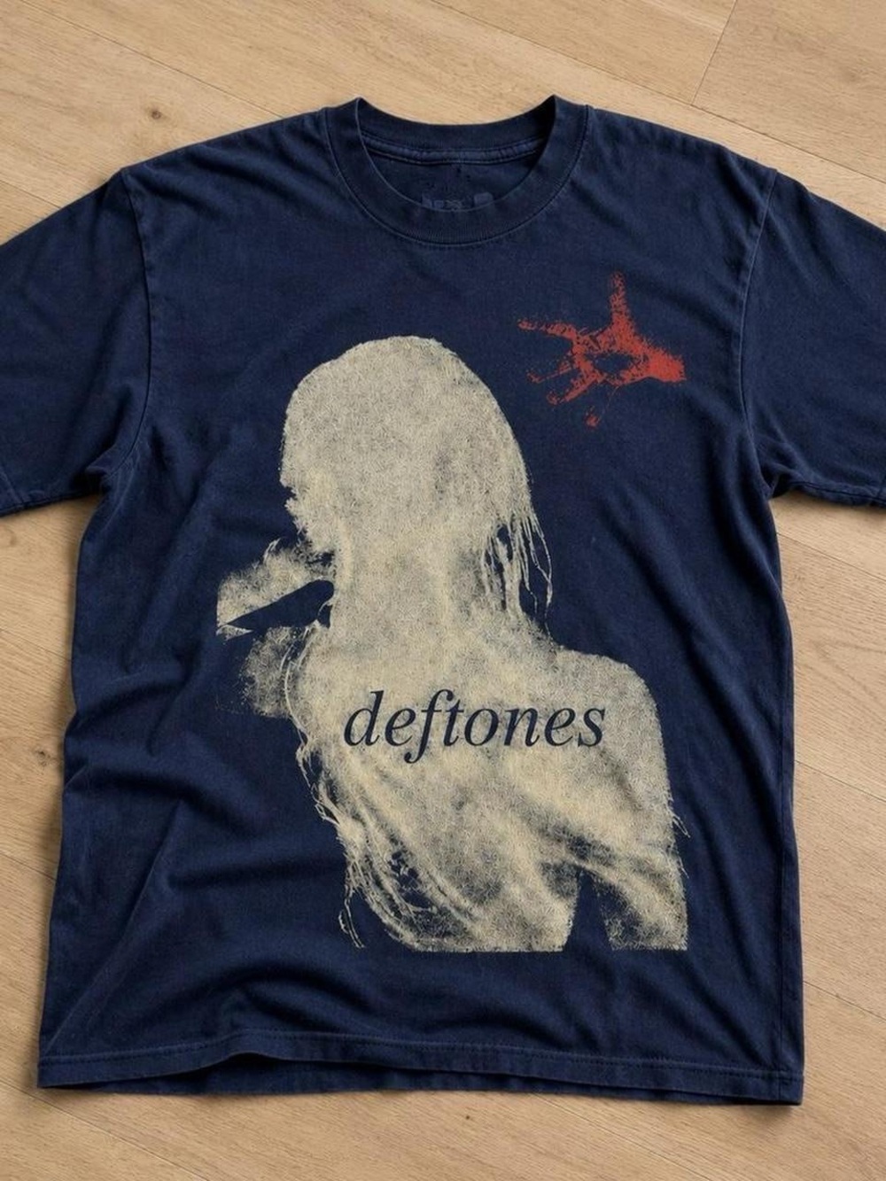 Gildan Navy Blue Deftones Graphic Tee with Cream Silhouette and Red Accent